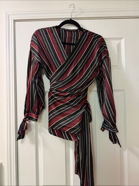 Zara Burgundy and Black Striped Wrap Blouse